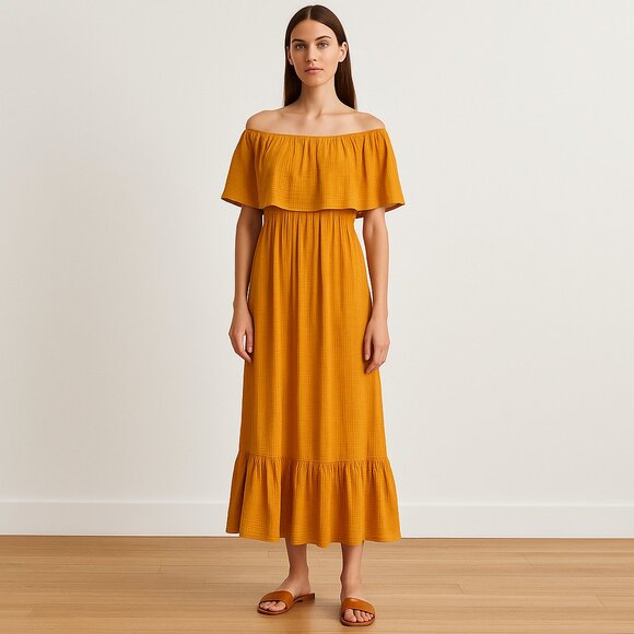 Anaak Off the Shoulder Freya Maxi Dress Boho Gauze Golden Mustard Size 2 (M) - Picture 1 of 11